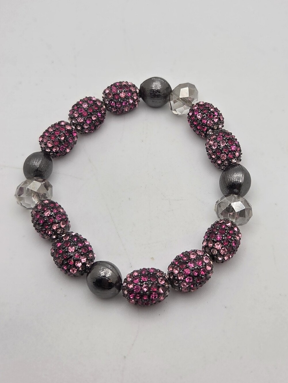 Sparkling Pink Rhinestone Pave Disco Ball Stretch Bracelet Gunmetal Accents